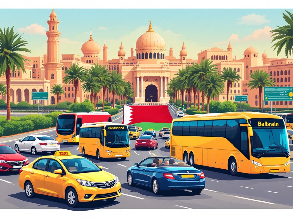 Collage showing a taxi, public bus, and rental car in Bahrain settings