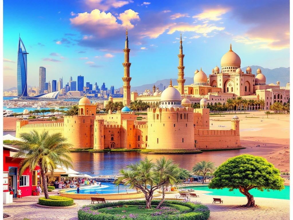 Collage of Bahrain attractions including modern buildings, historical sites, and cultural elements
