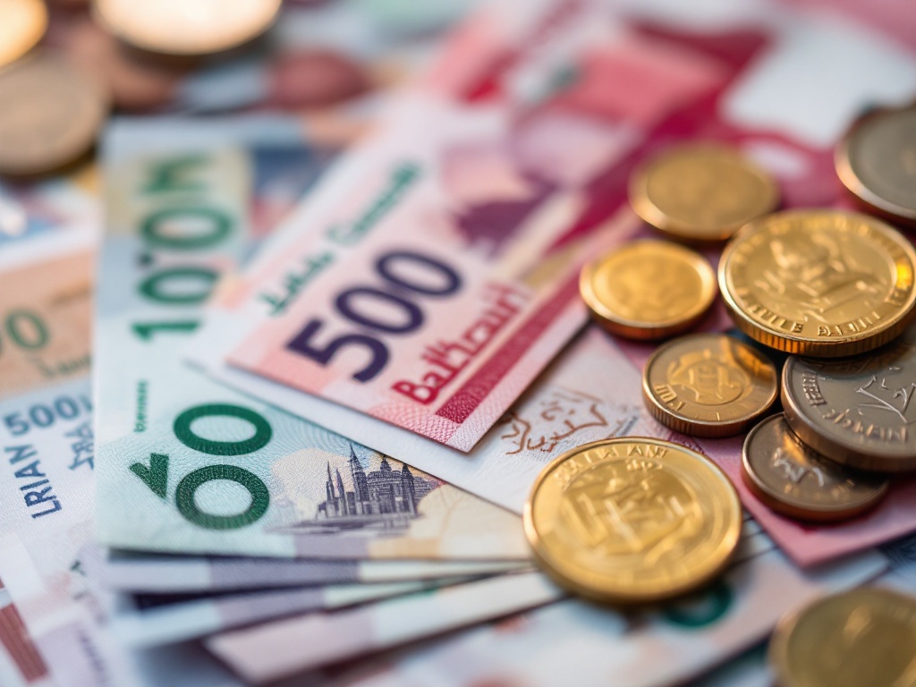 Collection of Bahraini Dinar banknotes and coins