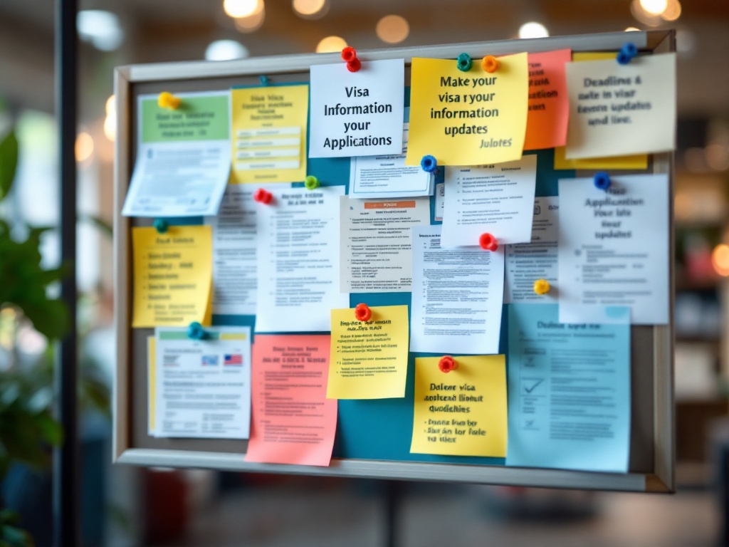 Bulletin board with news updates and visa information pinned to it