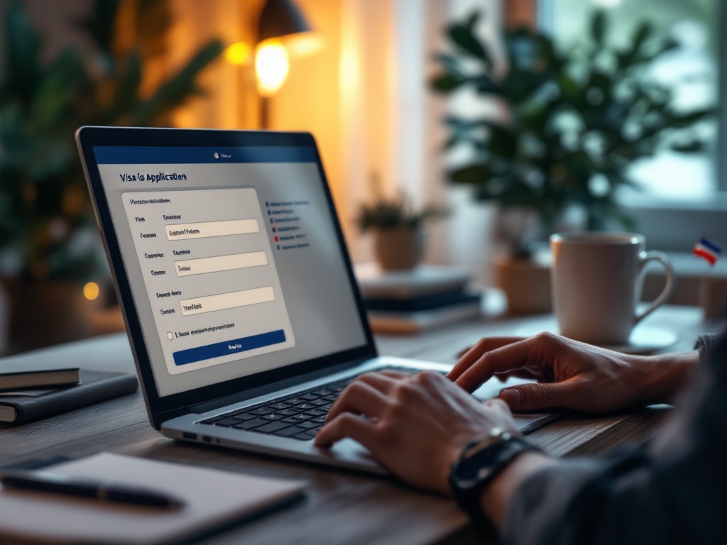Person using a laptop with an online visa application form visible on the screen