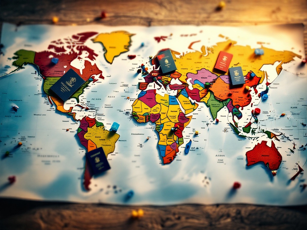 World map overlaid with various passports, symbolizing international travel eligibility